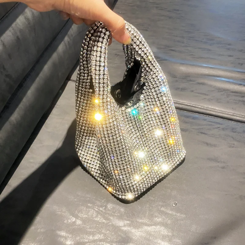 Fashion Rhinestone Evening Tote Bag for Women Shiny Luxury Designer Clutch Bag Wedding Party Handbag Bucket Bag Shoulder Bag