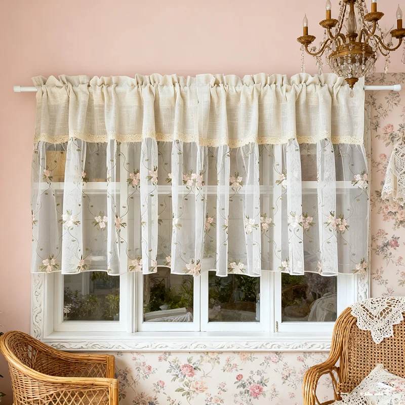 1Piece Retro Romantic Flower Embroidery Sheer Short Curtain Dustproof Partition Half Curtain For Living Room Kitchen Farmhouse