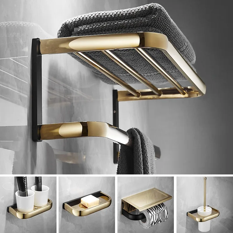 

Gold & Black Bathroom Accessories Brass Bathroom Shelf,Towel Rack,Towel Hanger Paper holder,Toilet Brush Holder Bath Hardware