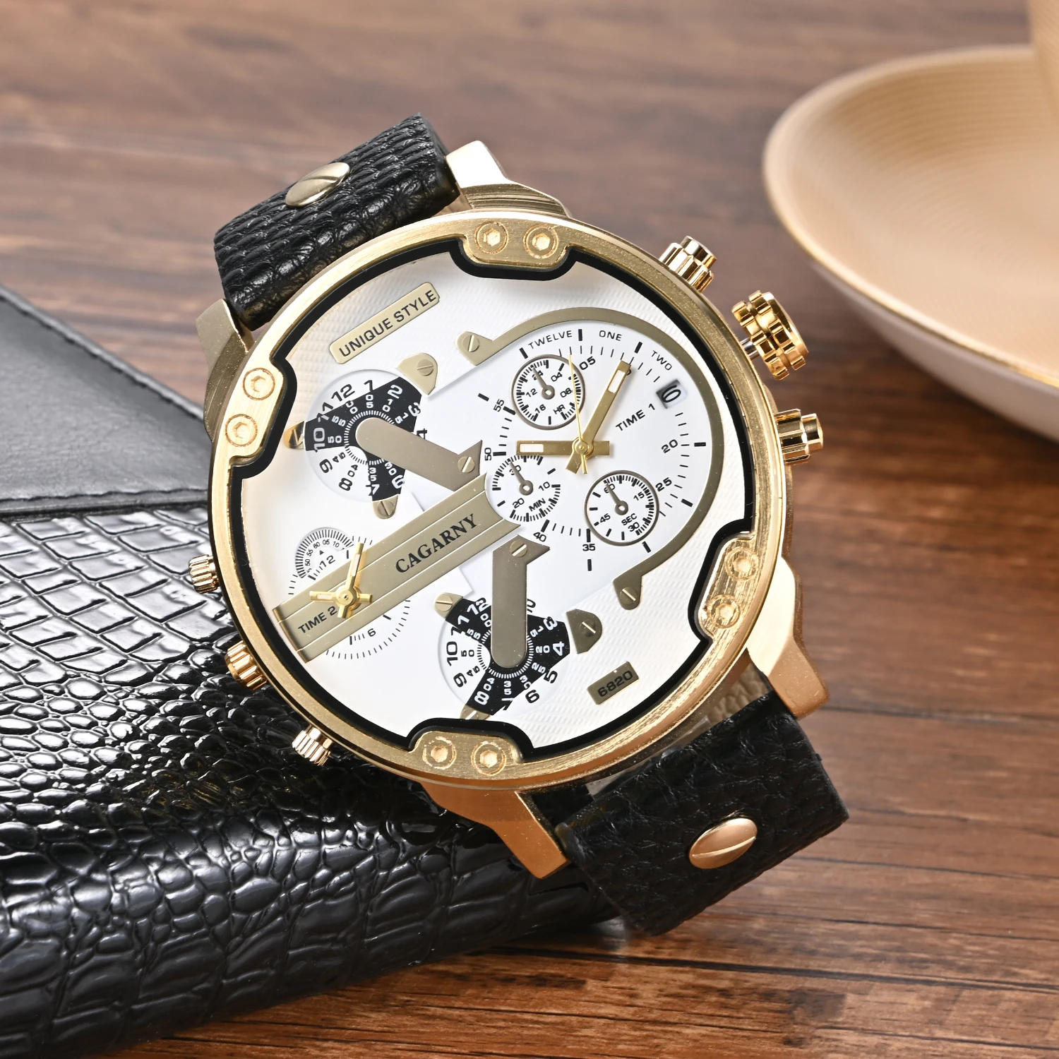 

CAGARNY Original Brand Large dial 6820 dual time zone Leather Quartz Man Wristwatch Date Waterproof Fashion Casual Men's Watches
