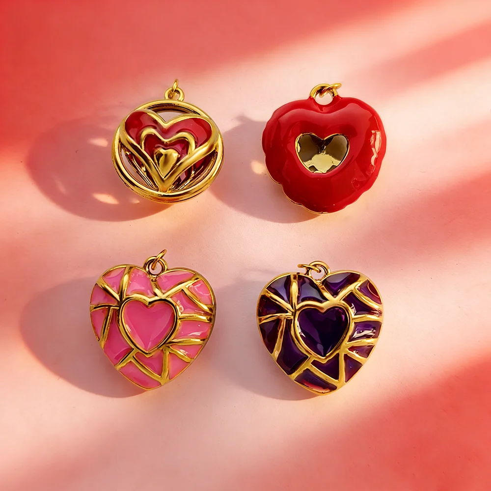 High quality Y2K enamel cute golden stainless steel charms heart-shaped flower DIY keychain necklace women's jewelry gift
