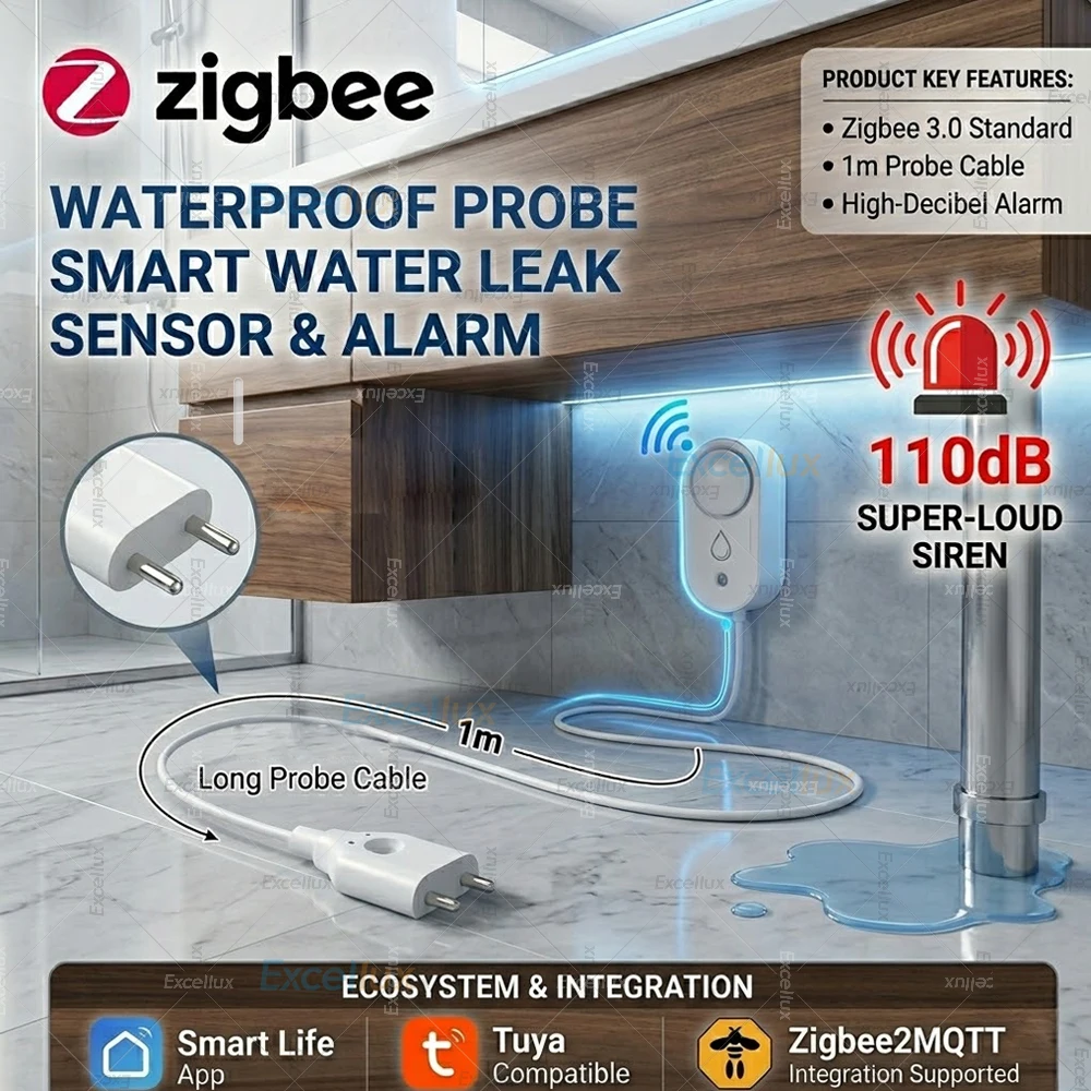 Умный датчик протечки воды ZigBee с сиреной 110 дБ и удаленным мониторингом через приложение для кухни и ванной комнаты, совместимый с Tuya/Z2M