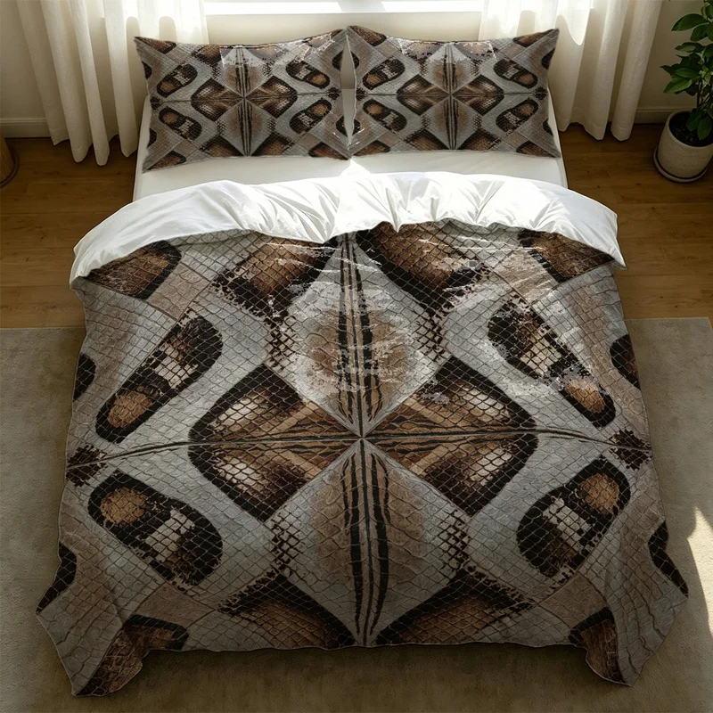 2/3Pcs Polyester Duvet Cover Set,Ultra-Soft,Breathable,Skin-Friendly,Durable,Brown Snake Skin Geometric Patch Print