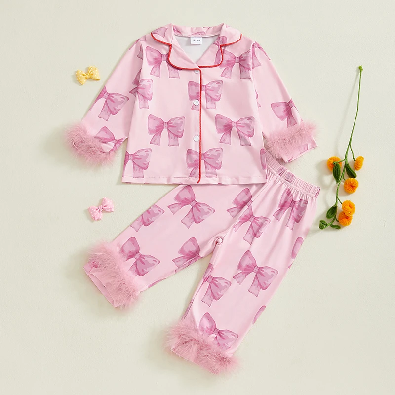 

Little Girls' Bow Pajama Sets Long Sleeve Lapel Neck Button-up Tops Elastic Waist Long Pants 2 Pieces Plush Trim Loungewear Set