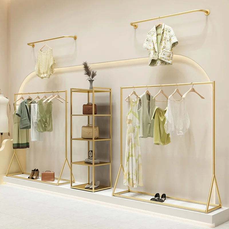 Custom, Fashion Boutique Gold Garment Wall Mounted Hanging Shelves Clothes Shop Furniture Metal Clothing Display Racks Shelf