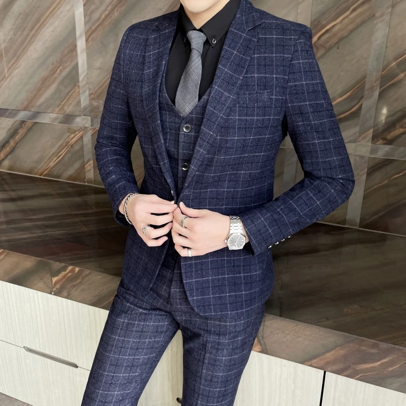 High-quality cotton texture (suit + vest + trousers) Wedding suit men's fashion business trend boutique casual plaid suit three-