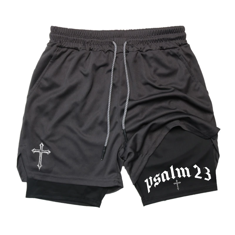 Psalm Cross Print 2 in 1 Workout Running Shorts for Men Gym Athletic Breathable Performance Shorts with Phone Pocket Activewear