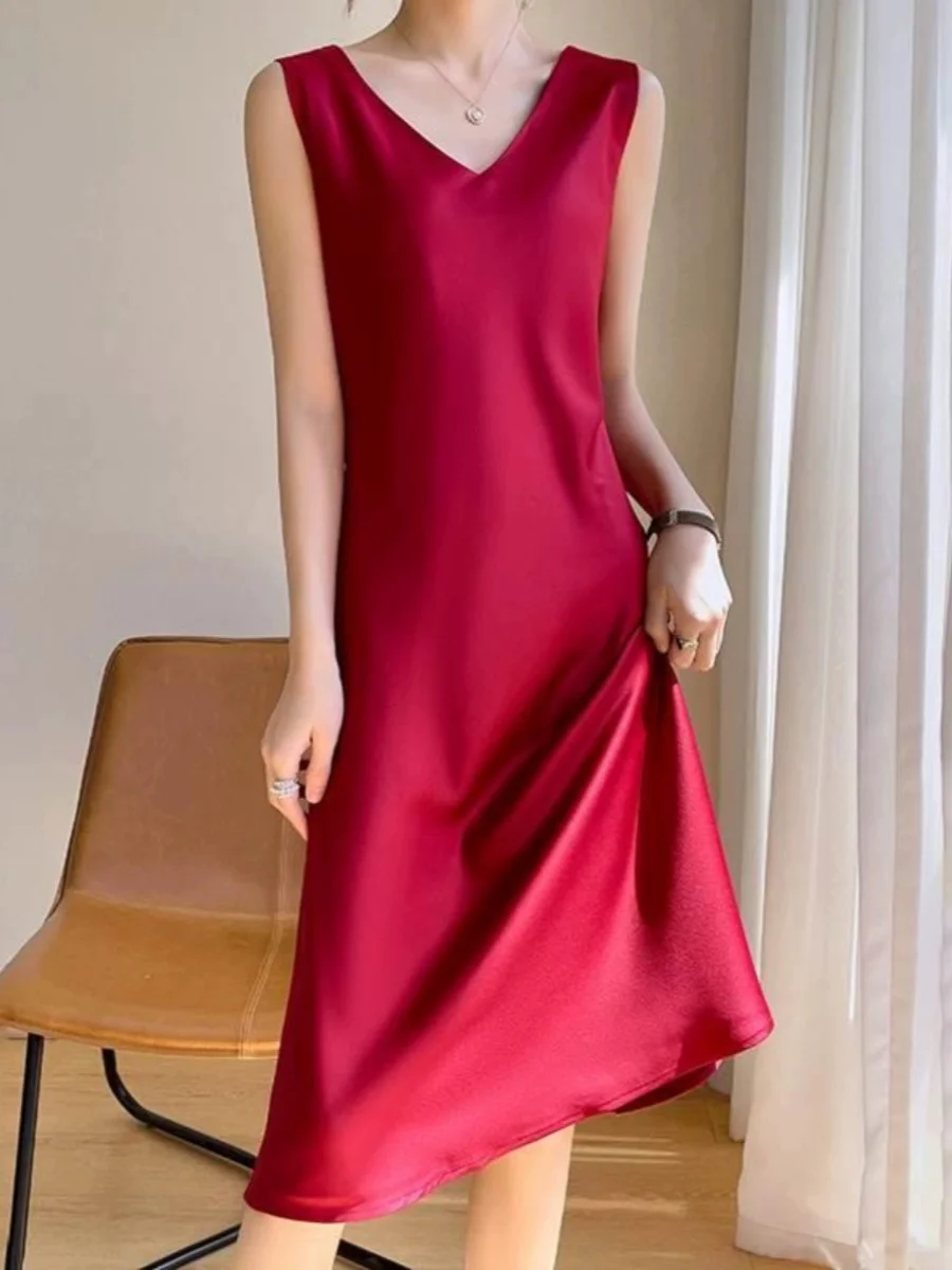 Sukienka midi z satyny Ele Satin, damska, elegancka, z dekoltem w serek, spódnica w kształcie litery A, jednoczęściowa, letnia, modna, do pracy, prosta, długa.