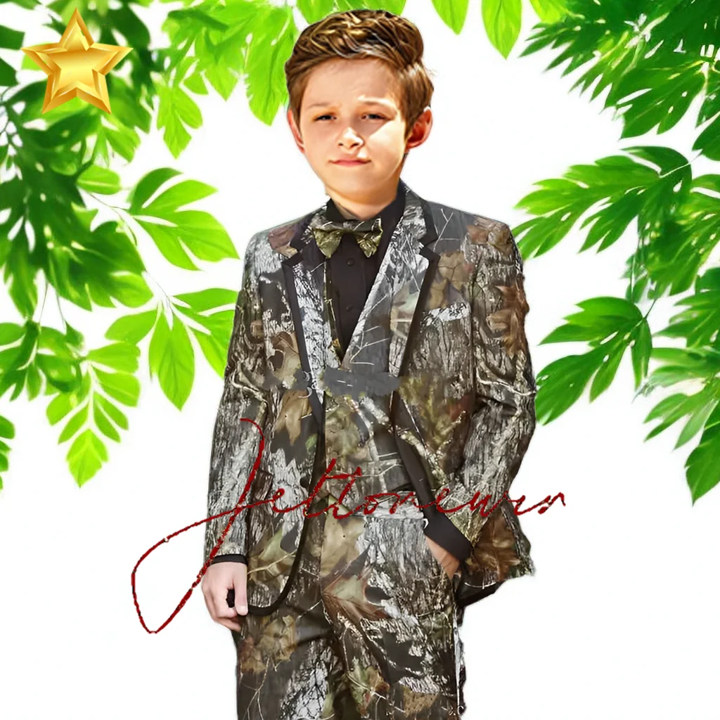 Summer Boys Suit 3 Piece Leaf Pattern Formal Jacket Pants Vest Kids Wedding Tuxedo 2-16 Years Old Camouflage Suit