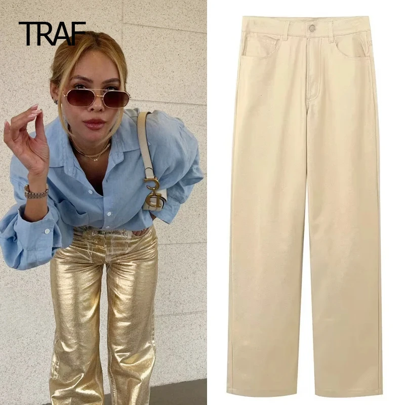 

TRAF High Waist Slacks Tailoring Pants Women's Pants Spring 2024 Golden Leggings Pants New In Pants Korean Reviews Many Clothes