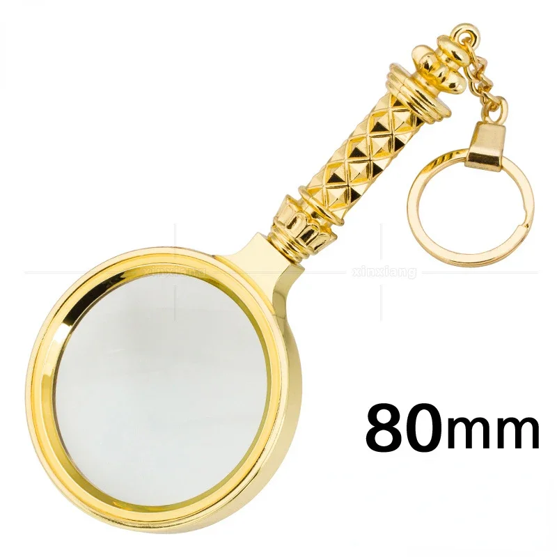 

7 Times Portable Glass Magnifier 80mm Floral Handle Magnifying Round Plastic + Glass Lens With Key Chain Gold Reading Magnifier