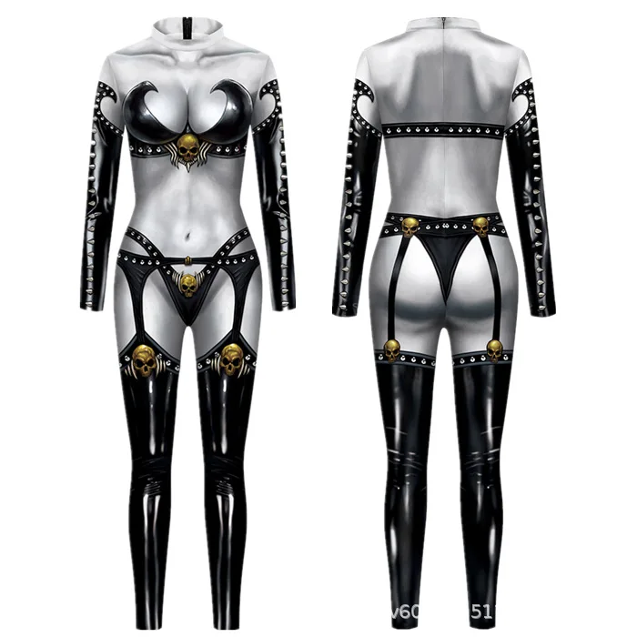 Halloween Sexy Damen Kostüm mit Digitaldruck, Karneval Bodysuit mit Reißverschluss, Party Cosplay Jumpsuit Outfit – Detail 5