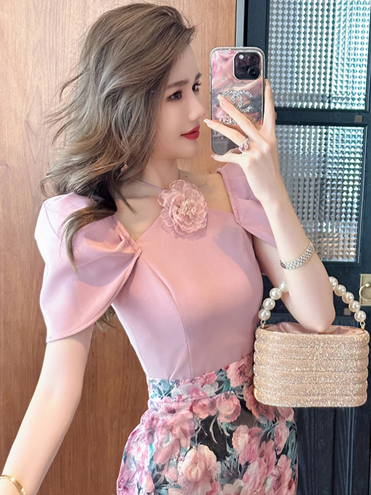 Summer New Beauty Style Pink T Shirt Flower Halter Bandage Lace Up Bubble Sleeve Tops Short T-shirt Party Date Prom Blouse Femme