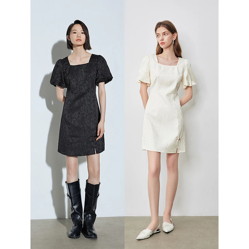 TOYOUTH 여성용 원피스 자카드 중국 스타일 치파오 하이 스플릿 스퀘어 넥 버프 슬리브, 슬림핏 밴디지 원피스, 2024 여름 신상