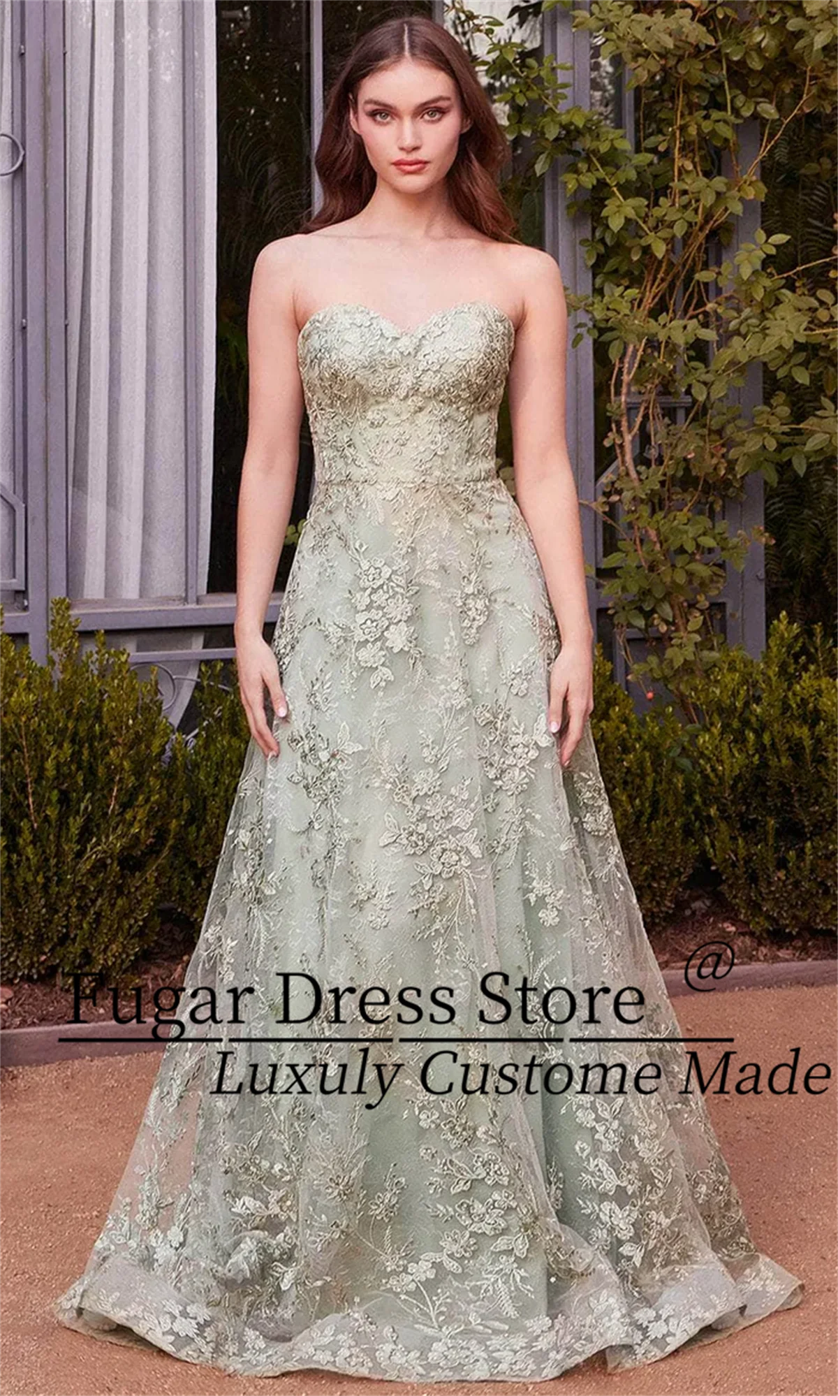 

TIANTIAN Customized Exay Floral Lace Embroidery Beaded Strapless Open Back Sweep TrainFormal Evening Prom Dress فساتين سهرات