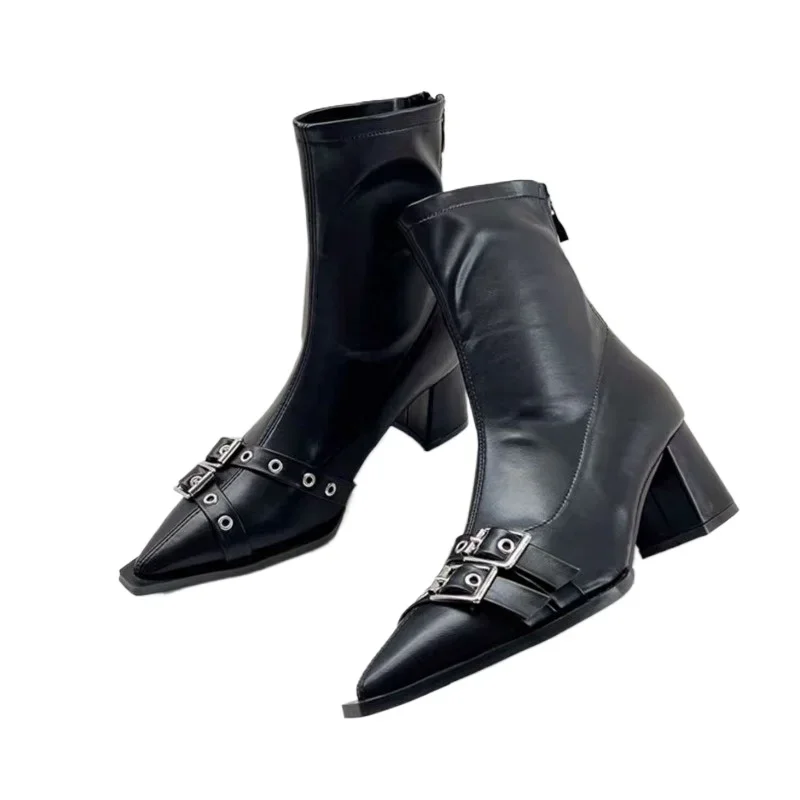 2024 Female Designer Buckle Footwear Women Ankle Stretch Boots Fashion Pointed Toe Ladies Short Booties With image 6