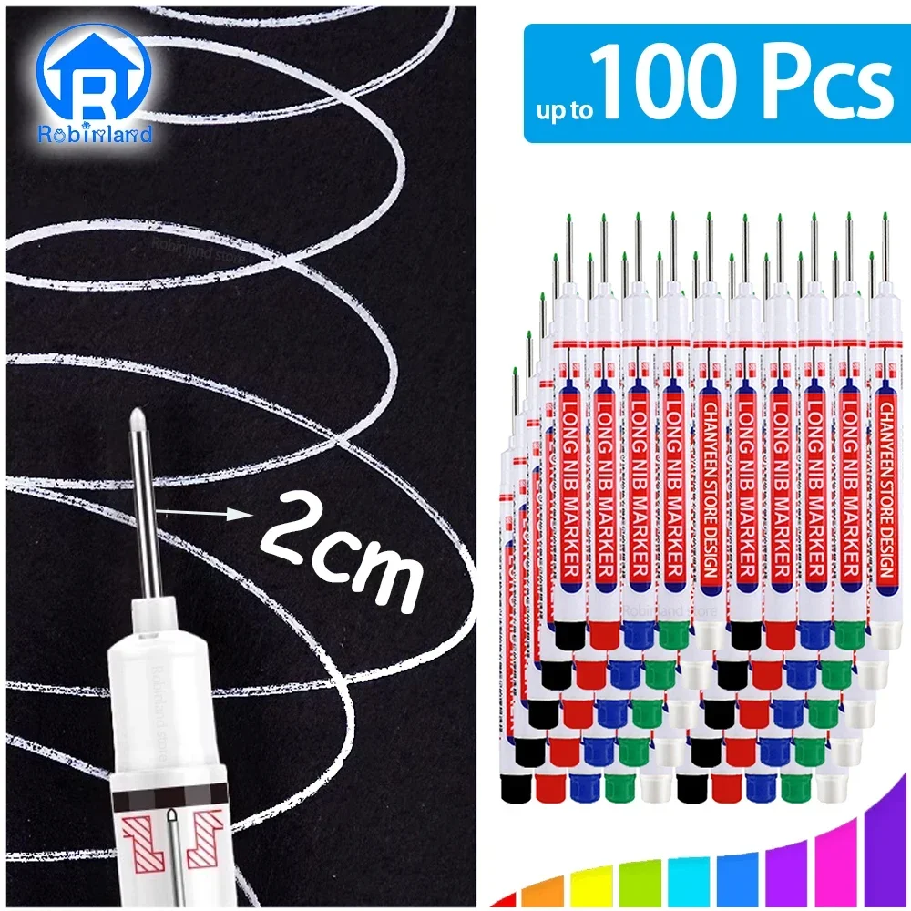 5-100Pcs 2cm Waterproof Long Head Markers Deep Hole Marker Pen for Metal Carpenter Woodworking Tools White/Red/Black/Blue/Green