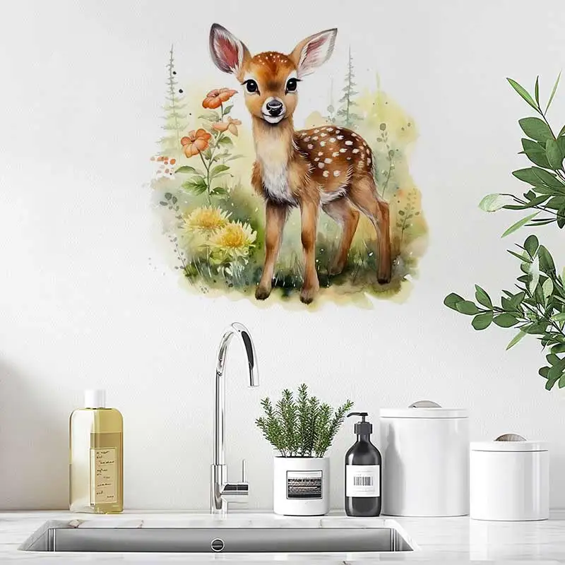 Baby Deer Fawn Watercolor Wall Stickers Decoration Dining Room Living Room Cabinet Refrigerator Home Decoration Decals S921