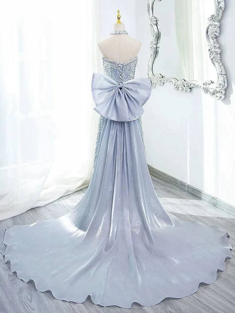 Luxury Elegant Evening Dress Strapless Exquisite Sequin Princess Party Niche Fashion Pleated Bow Shawl Design Long Prom Gown