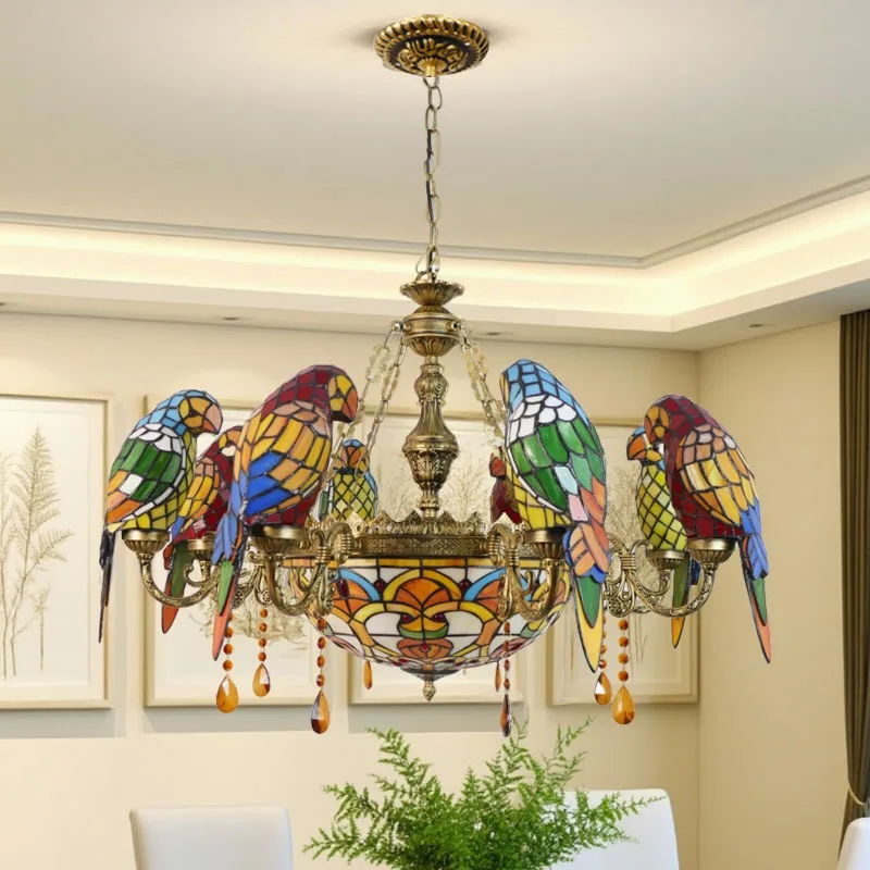 

Stained glass pendant, vintage parrot hotel living room dining room ceiling decorative pendant
