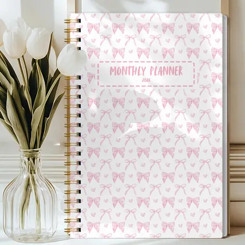 2026 A5 Monthly Planner,Pink Bow Cover,Academic Agenda with Notes&To Do List,Perfect for Productivity,Time Management,Great Gift