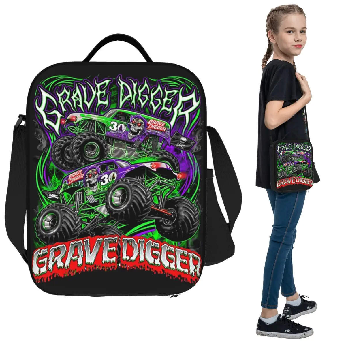 Monster Jam Grave Digger Monster Truck bolsa de almuerzo aislada refrigerador de oficina caja de comida térmica Tote loncheras portátiles contenedor