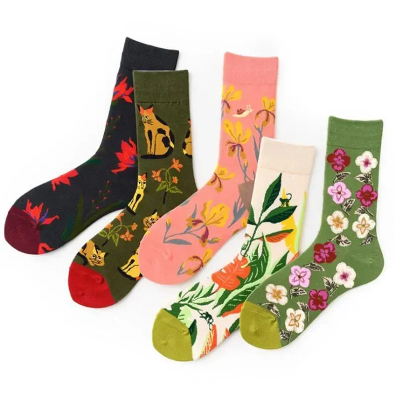 

3 Pairs Cotton Socks Set High-Quality Men's & Women's British Style Casual Harajuku Fashion Novelty Literary Couple Socks