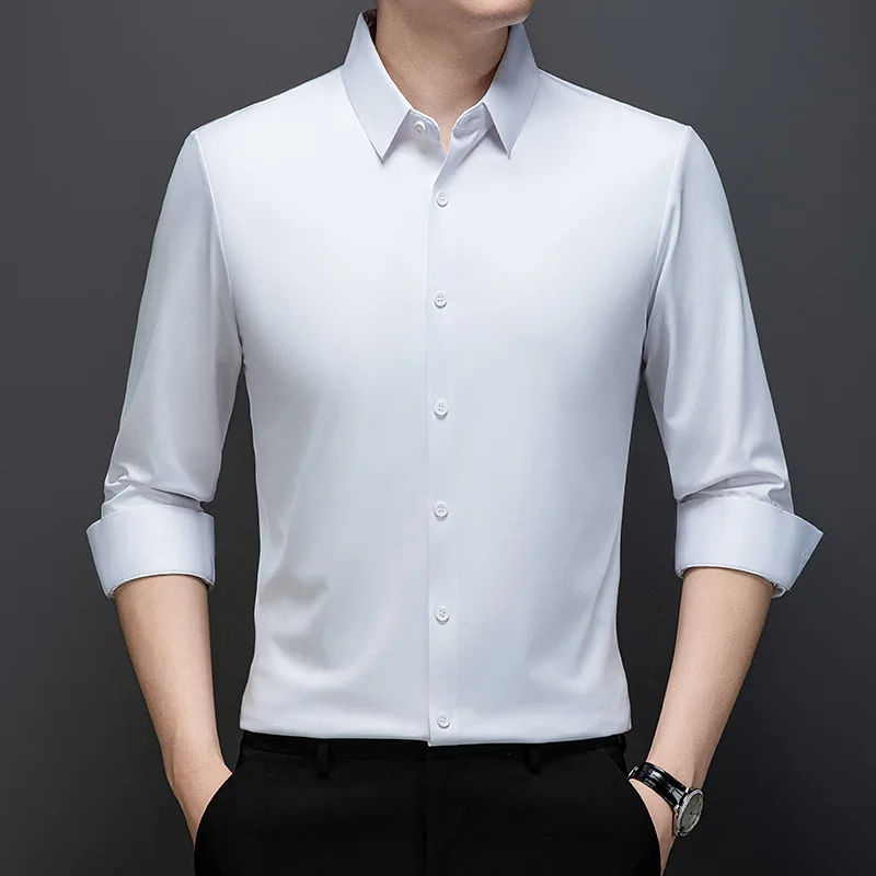 Spring Autumn Long Sleeved Business Casual Men's Clothing Wrinkle Resistant Iron Free Elastic Solid Color Chic Simplicity Shirts