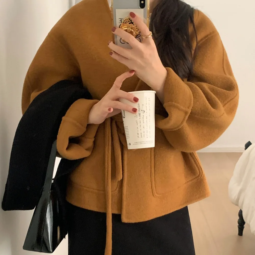 

Chic Autumn Winter Woolen Coat V Ne Belted Waist Long Sve Large ket Design Korean Sle Commute Faion Women's Jaet