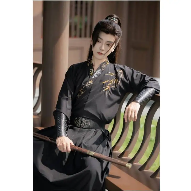 

Men's Chinese Knight Hanfu Set with Embroidery - Ancient Style Cross-Collar Daily Skirt for Men & Women