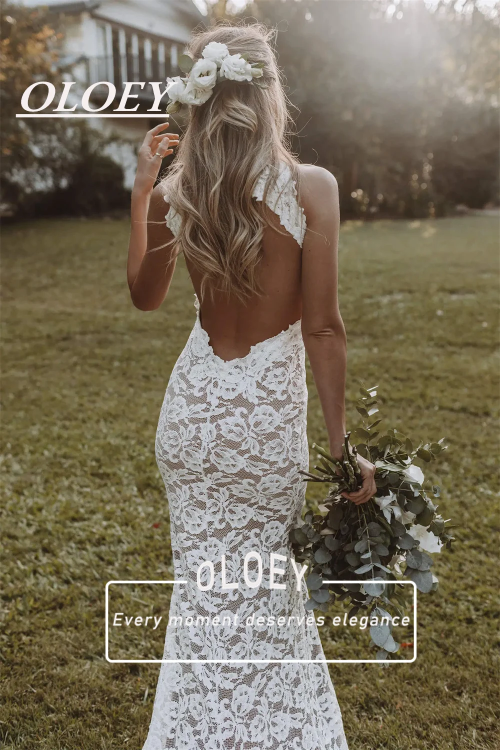 OLOEY Exquisite Lace Boho Wedding Dresses Boat Neck Side Split Sexy Illusion Bridal Gown Customized Vestidos De Novia Long Tail