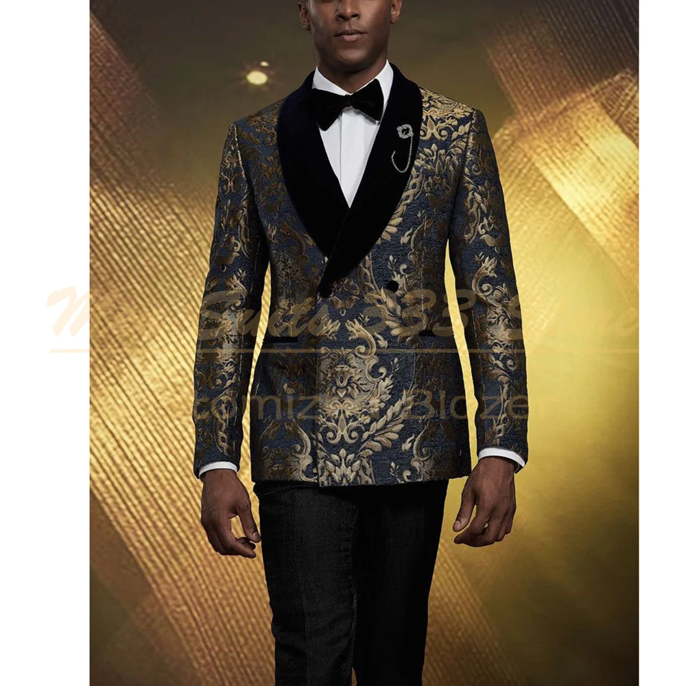 

Elegant Double Breasted Shawl Lapel Men's Suits Outfits Customized Jacquard 2 Piece Jacket Pants Sets Slim Fit Clothing 2025