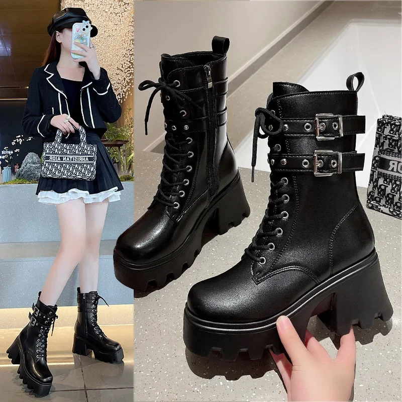 Punk Women\'s Boots Buckle Platform Boots for Women Mid-calf Gothic Boots Autumn Ladies Motorcycle Boots Pu Leather Plus Size 42