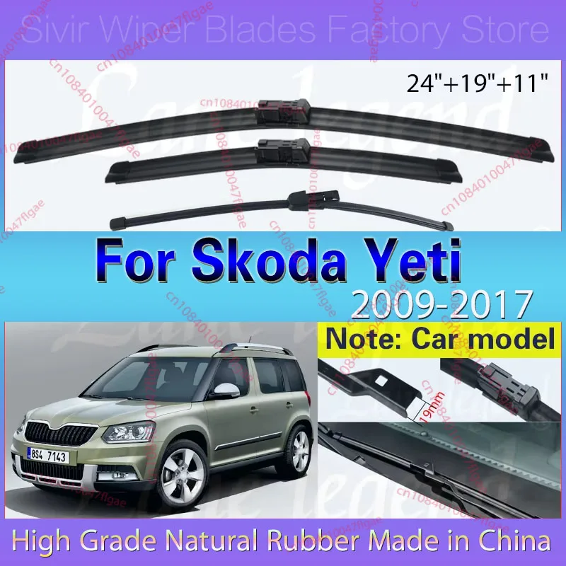 

3PCS For Skoda Yeti 2009 - 2017 24"+19"+11" Front Rear Wiper Blades Windshield Windscreen Window Rain Brush Car Accessories