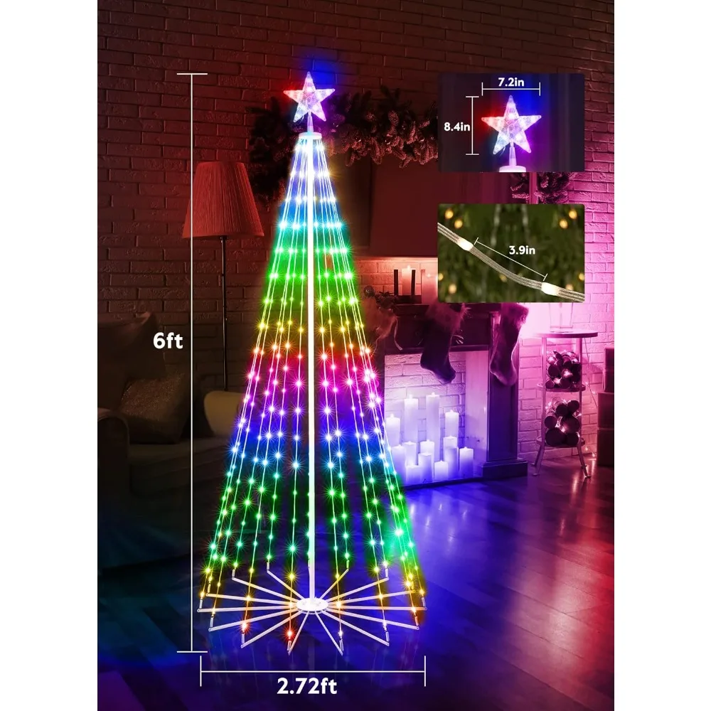 Smart Christmas Cone Tree LED Light, 6ft 265 LED Music Sync with Remote APP and Local Control, Pattern and Text Displayable.