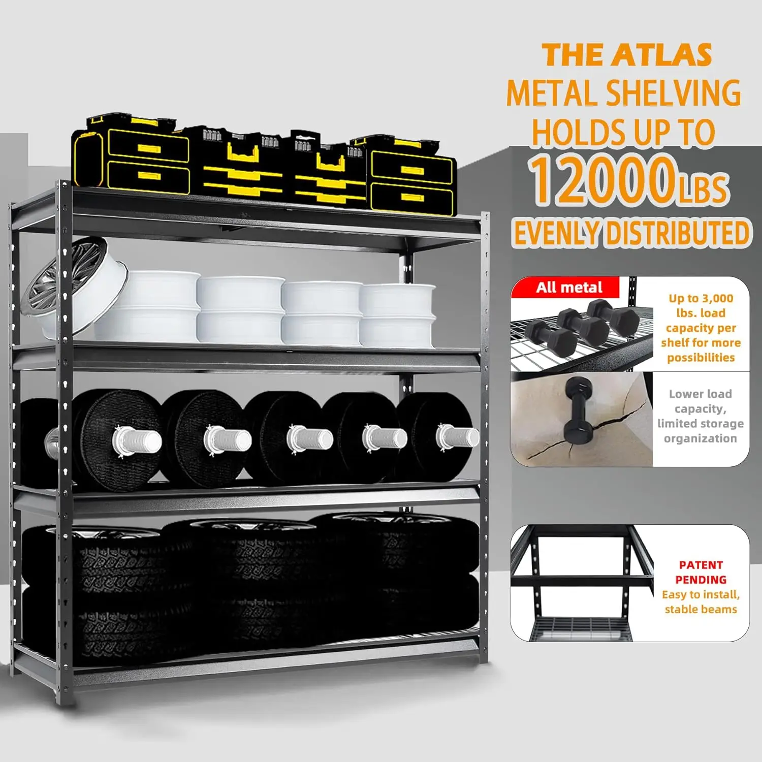 72" W Metal Garage Shelving Unit Load 12000 Lbs, 4 Tier Heavy Duty Storage Rack, Adjustable Industrial Shelves