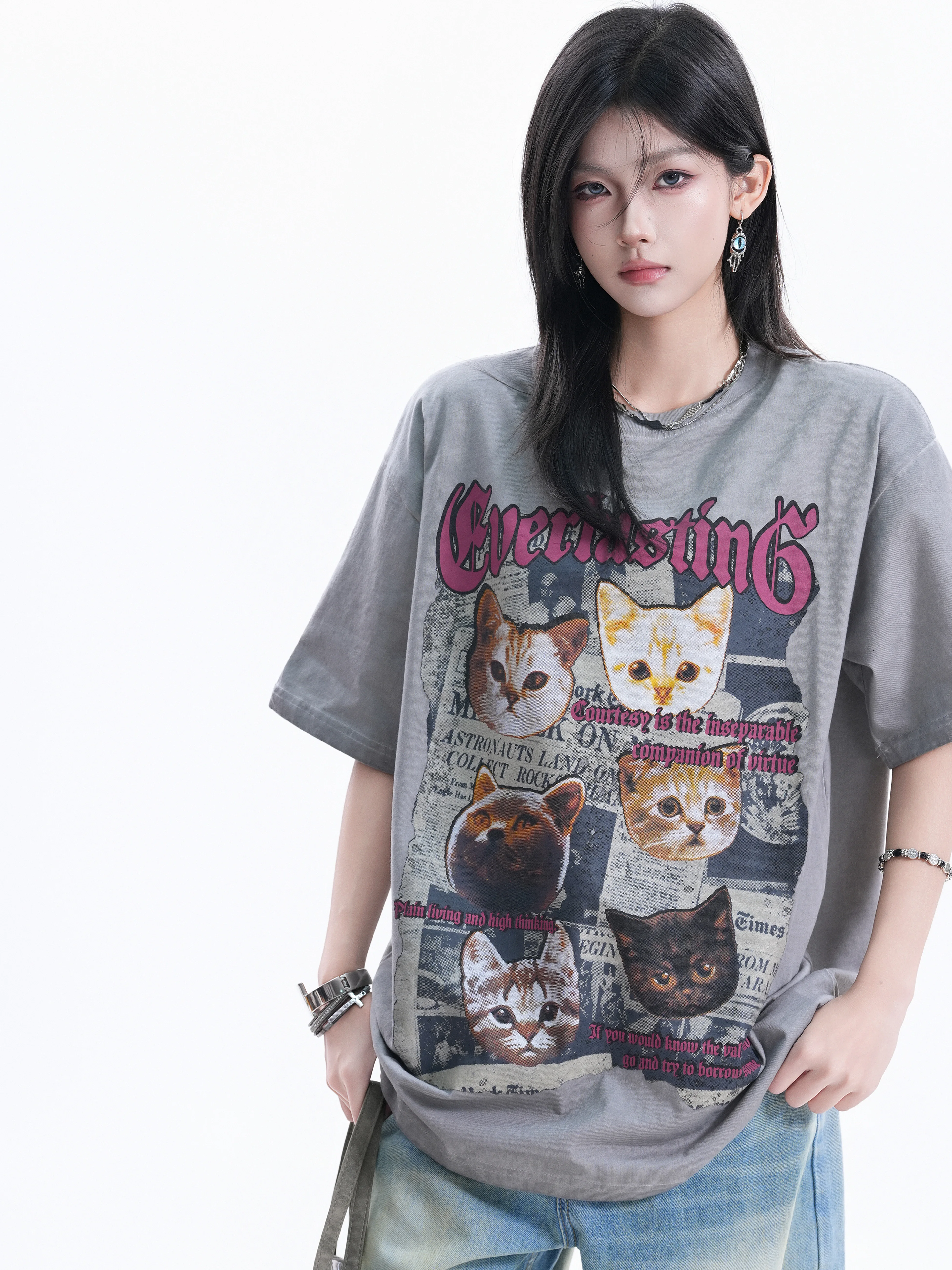 Retro American  Print Oversize Short Sleeve Women's T-shirt Small Ball Cotton Worn Washed BF Half Sleeve round Neck Top
