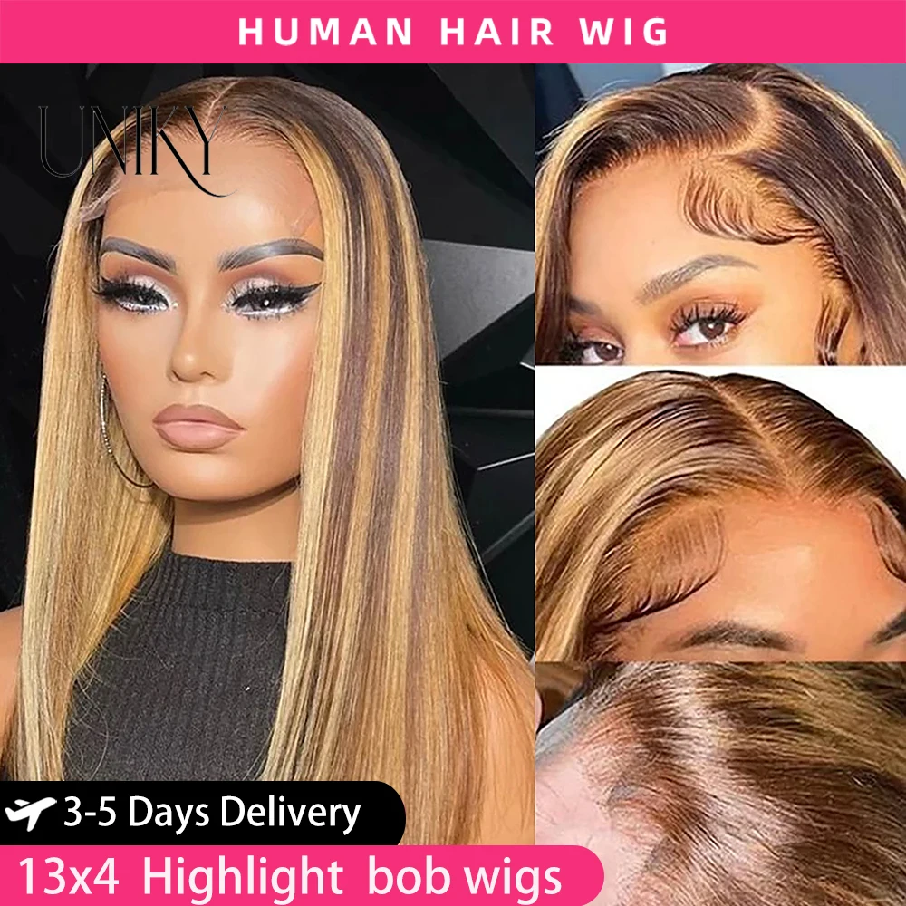 

Short Ombre Highlight Bob Wig Human Hair 13x4 Lace Front Wigs P4/27 Colored Wigs Honey Blonde Bob Human Hair Wigs 180% Density