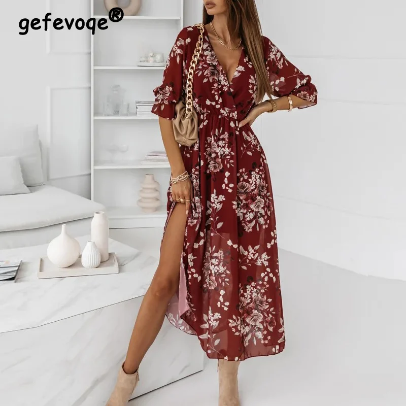 Vestido de fiesta elegante con estampado Floral para mujer, vestido Midi de cintura alta, manga corta, escote en V profundo, moda de verano