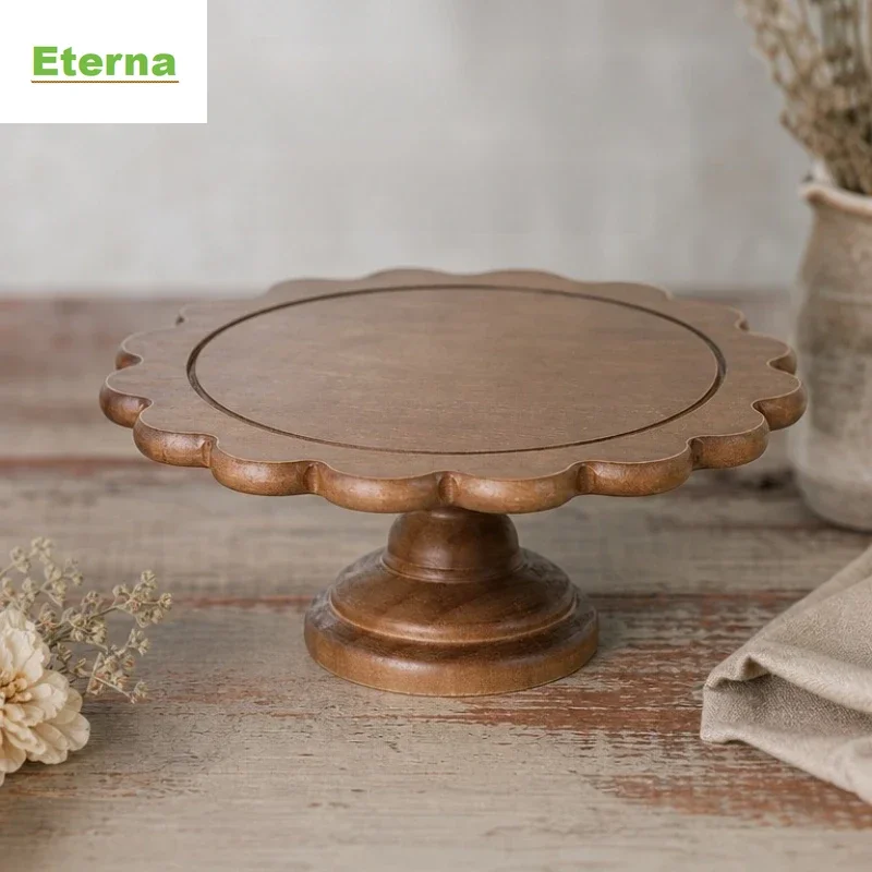 Vintage Wooden Cake Stand, French Rustic Scalloped Edge Detachable Pedestal, Decorative Dessert Tray for Home Cafe Table Decor