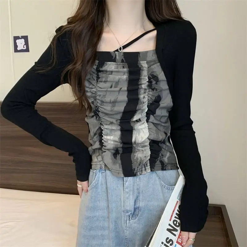 

2024 Spring Autumn Vintage Tie Dye Pullovers Fashion Spliced Female Clothing Fashion Shirring Slim Elegant Square Collar T-shirt