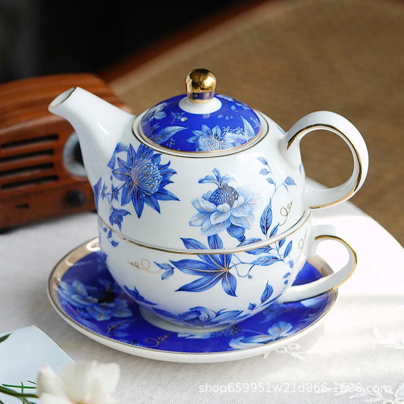 , teacup set, English blue and white mother and child pot, European teapot, one pot, one cup, one person drinking flower teapot