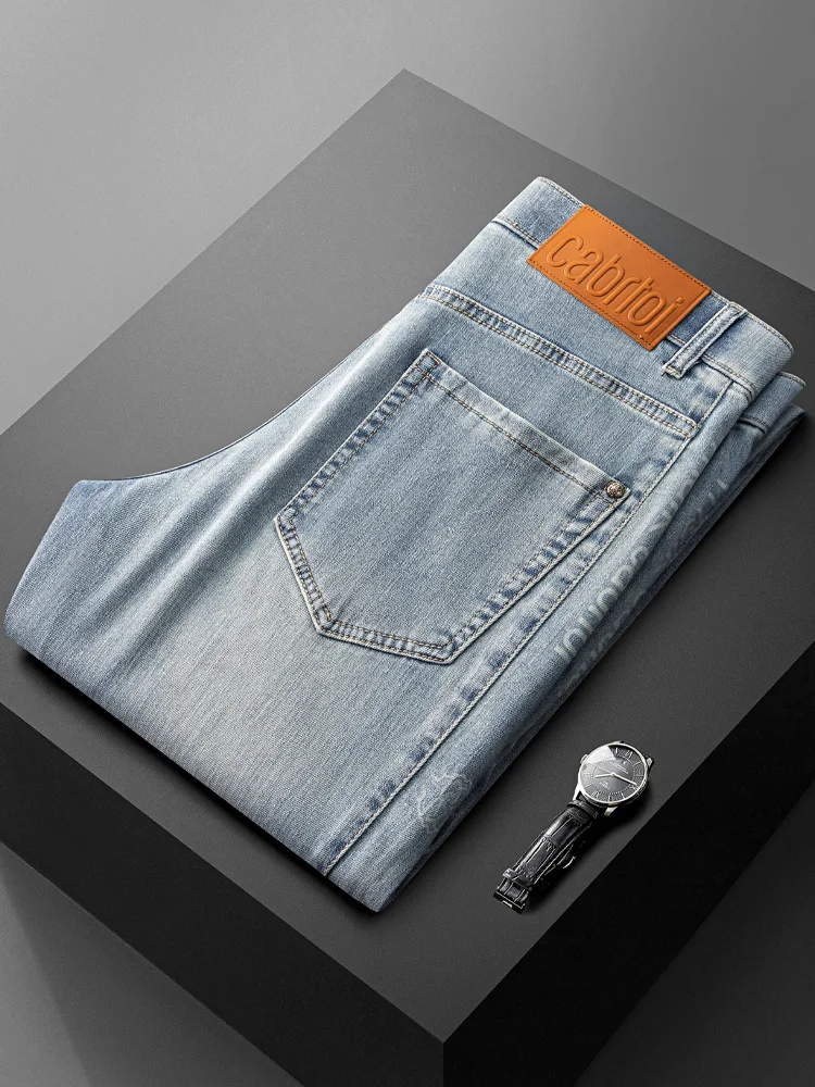 

Summer Thin Waed Blue Jeans Men's Slim Straight Fit Youth Faionable Cotton Polyester Blend Wear Resistant Long Trousers