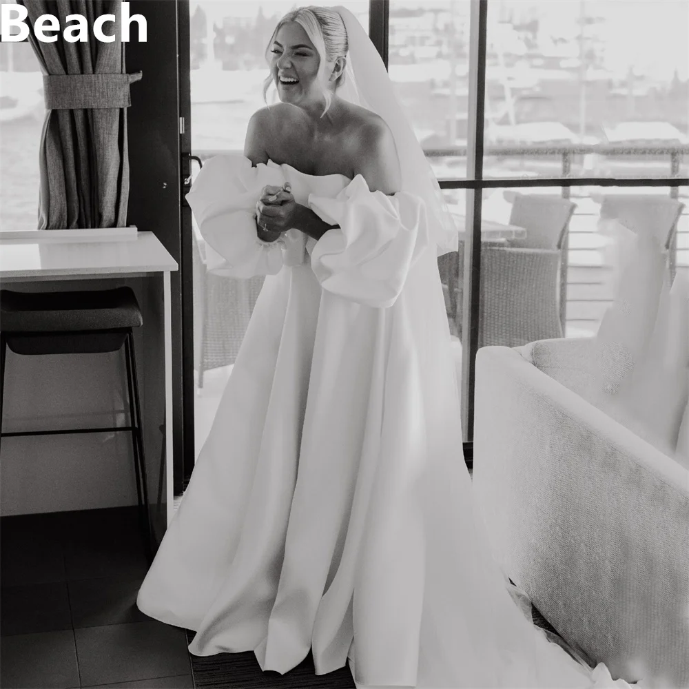 

Beach Satin A line Wedding Dresses Backless Strapless Bride Dress Elegant Floor Length Puff Sleeve Wedding Gowns 2024