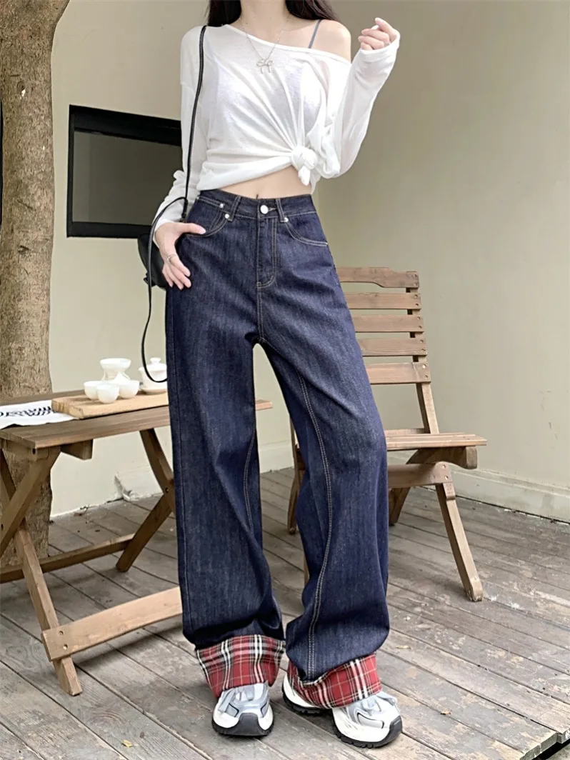 Spring Autumn New American Retro Spliced Jeans Streetwear Straight Pants Women's High Waist Korean Fashion Dongdaemun Woman