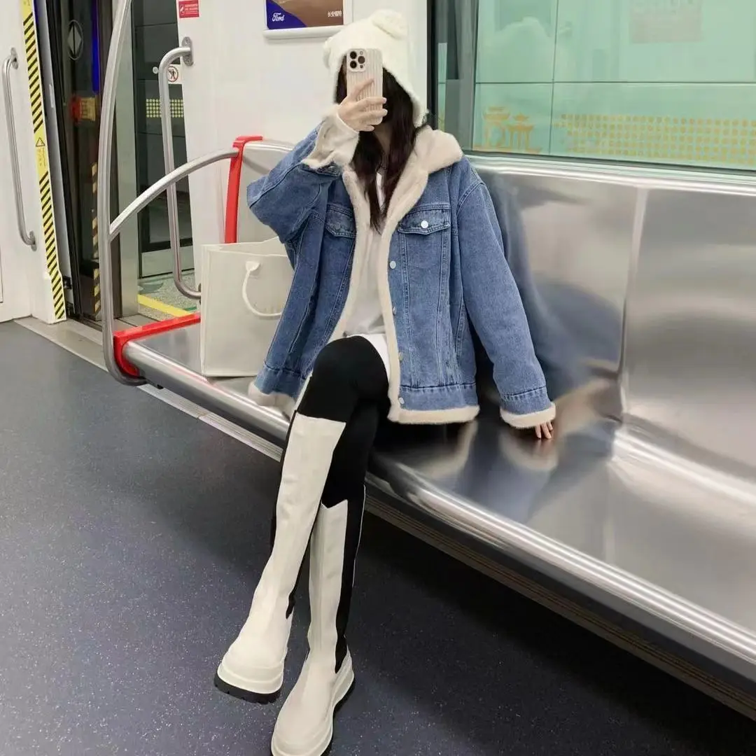 معاطف الدنيم مع حجر الراين امرأة الفراء أفخم المرأة الخريف زرر قابل للتعديل مزدوجة الوجه سليم صالح الترفيه الهيب البوب سترات الحفلات #4