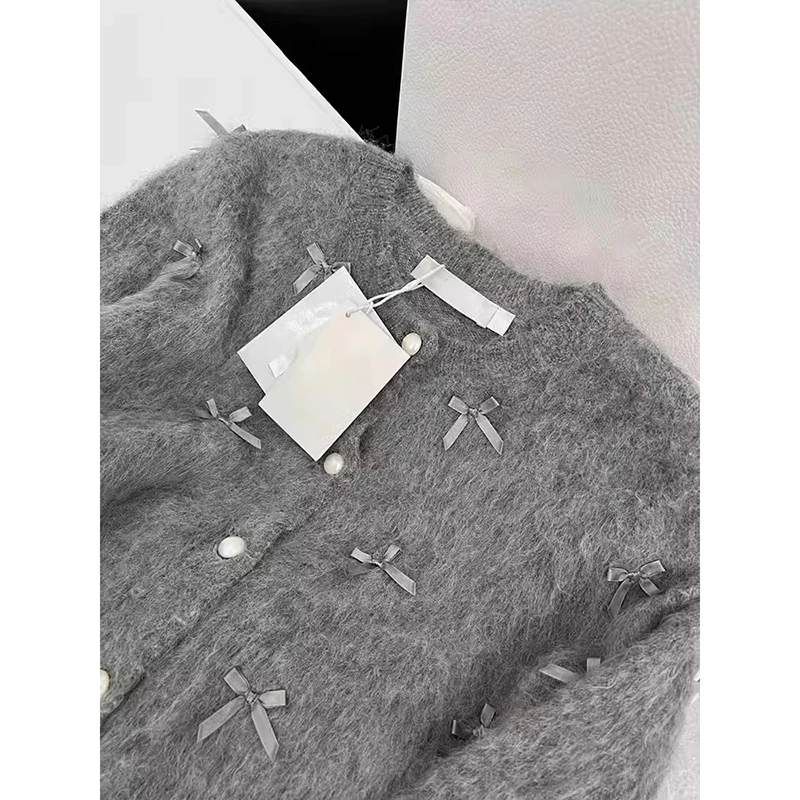 Grey Bow Sweater Women 2024 Autumn Winter French Temperament High Grade Soft Glutinous Mohair Knitted Cardigan Fragrant Coat