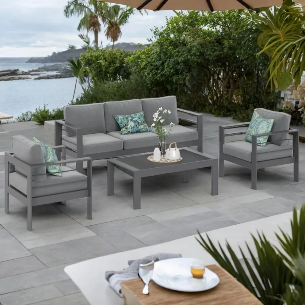 Aluminum Patio Furniture Set, 5 Seats Modern Outdoor Conversation Set Sectional Sofa with Upgrade Cushion and Coffee Table