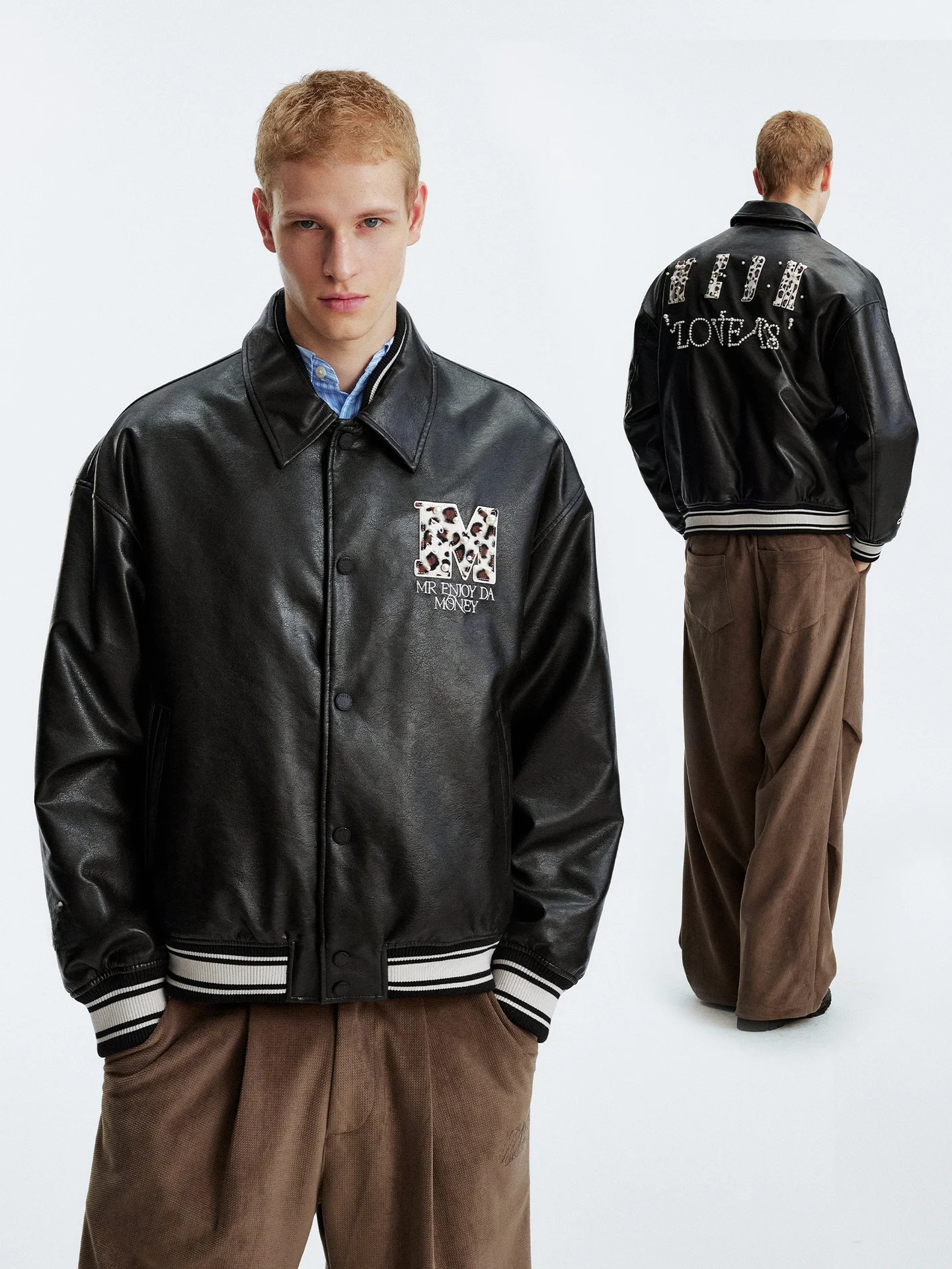 MEDM Jaket Baseball Katun Berkerah Kulit Lapis Ganda Model Lipat Kasual Streetwear Pria Mantel Panjang Hangat Bahan Poliester