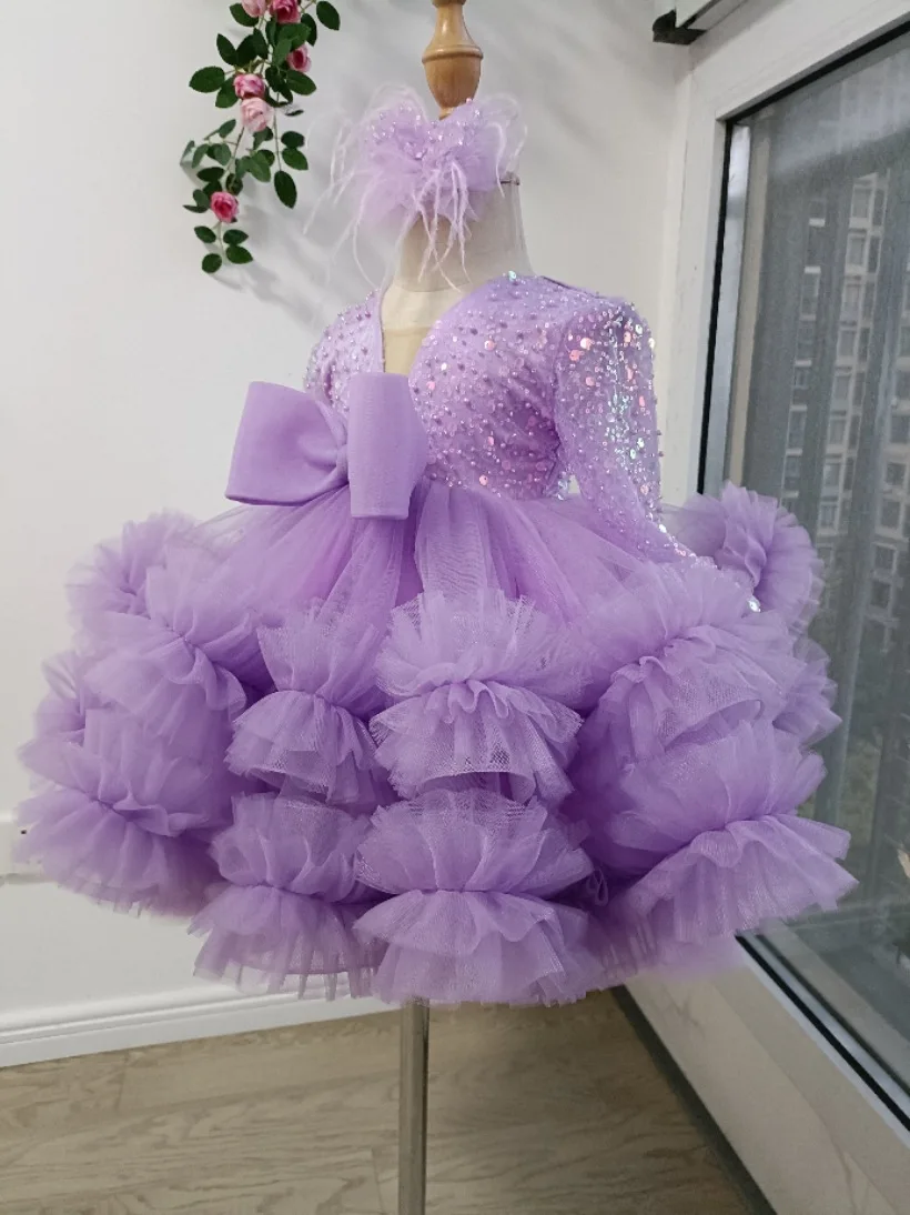 Vestidos de flores con cristales púrpuras de lujo para niña, vestido de baile con cuello en V, lazo con lentejuelas, vestidos de desfile de cumpleaños para niños, vestidos de primera comunión 2023